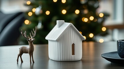 Sticker - The white ceramic house and deer figurine sit on a table, framed by a softly blurred Christmas tree, adding to the festive atmosphere