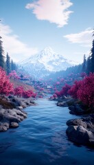 Wall Mural - A serene landscape featuring a river, pink trees, and a snowy mountain.