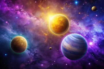 Wall Mural - space scene with three colorful planets and stars