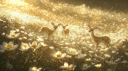 Poster - a cluster of deer grazing on a verdant green meadow sprinkled with white blooms, surrounded by a den