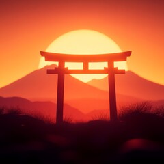 Poster - A serene landscape featuring a torii gate at sunset with mountains in the background.