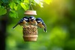 © Thanyarat - A group of birds eagerly eating from a feeder, fluttering around and showing signs of hunger