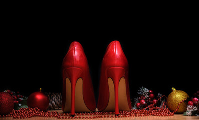 women's stiletto heels on a table next to New Year's decorations