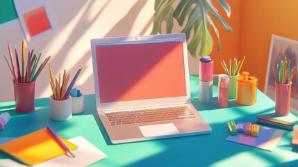 Poster - A vibrant workspace features a laptop, assorted stationery, and plants, creating an inspiring and creative atmosphere in natural light. Generative AI