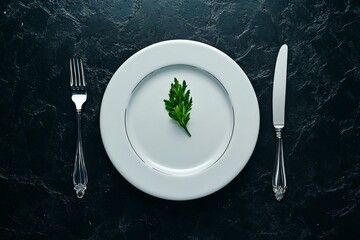 Poster - A minimalist design of a plate with a fork and knife resting beside it, highlighting the emptiness of the plate