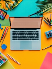Aufkleber - A well-organized workspace featuring a silver laptop surrounded by various art supplies, papers, and colorful materials ready for creative use. Generative AI