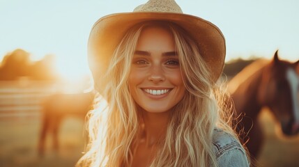 A cheerful woman wearing a sun hat smiles radiantly at the camera, embodying joy and serenity while standing next to her horse in a sunlit equestrian setting.