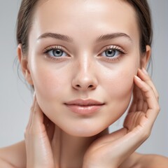 Natural beauty close-up of a young woman with flawless skin and captivating blue eyes against a soft gray background