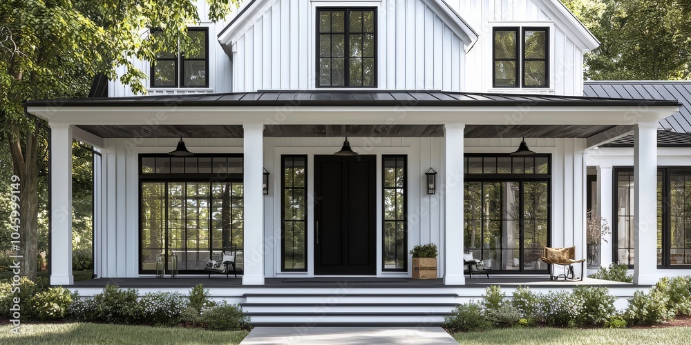 Stunning modern farmhouse with a white exterior, black accents, and a ...
