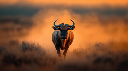 An adult wildebeest looks directly at the camera, surrounded by a dusty landscape, highlighted by a warm sunset glow. This serene image evokes a sense of tranquility.