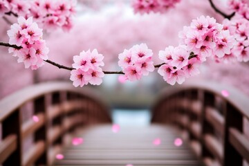 Wall Mural - A serene scene of pink cherry blossoms framing a wooden bridge.