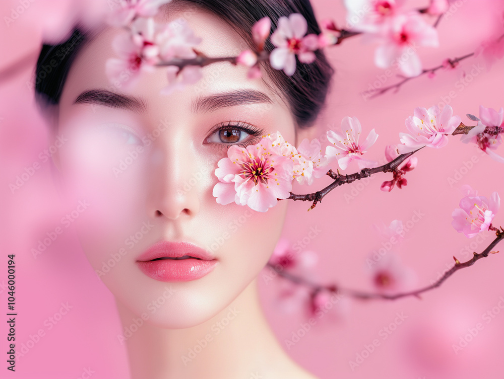 Beautiful young asian woman with flowers and petals on her face. Beauty ...