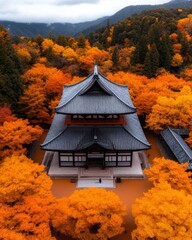 Wall Mural - A serene temple surrounded by vibrant autumn foliage.