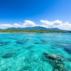 A serene tropical landscape featuring clear turquoise waters and mountains.