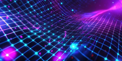 Poster - A vibrant digital grid showcasing illuminated blue and purple hues, creating an abstract wave of light and energy.