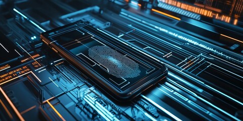 Poster - A sleek, modern smartphone sits on a futuristic circuit board, featuring a glowing fingerprint icon in vibrant blue and orange tones.
