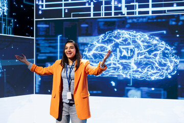 Poster - Joyous speaker doing presentation at tech conference, explore ways emerging AI technologies can positively enhance companies workforce. Cheerful presenter promoting artificial intelligence solutions