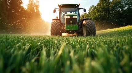 A powerful tractor drives across a lush green farm field during sunrise, with sunlight filtering through trees, highlighting agriculture's blend of technology and nature.