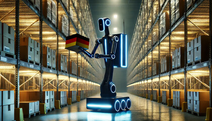 An illuminated robot operates in a modern warehouse, managing a package wrapped in the Germany flag, showcasing cutting-edge technology and AI-driven logistics.