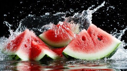 A captivating photo of watermelon pieces creating a splash effect with dynamic water droplets, highlighting the freshness and excitement of the fruit.