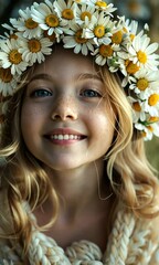 Wall Mural - A charming portrait of a lovely child wearing a camomile wreath, enjoying the beauty of nature