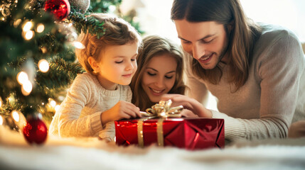 Family unwrapping christmas gift by christmas tree with joyful smiles and holiday lights