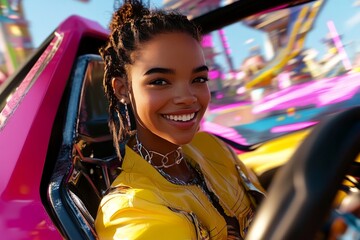 Poster - Cyberpunk character smiling in a neon-lit city, with glowing lights and futuristic technology symbolizing happiness in a high-tech world