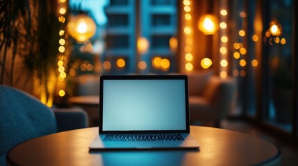 Poster - The laptop sits on a wooden table in a softly lit room, perfect for enjoying a calm evening while working or relaxing. Generative AI