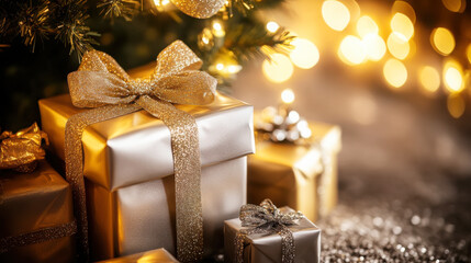 Wall Mural - Luxurious gold gift boxes under a glittering christmas tree with festive lights