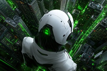 Poster - Futuristic depiction of a person exploring a digital landscape, symbolizing the new possibilities that come with living fully in a high-tech world
