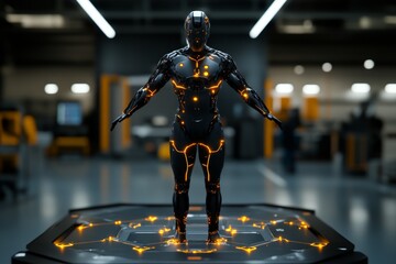 Poster - Futuristic depiction of a person standing tall with confidence, with glowing technology highlighting their strength and self-respect in a high-tech environment