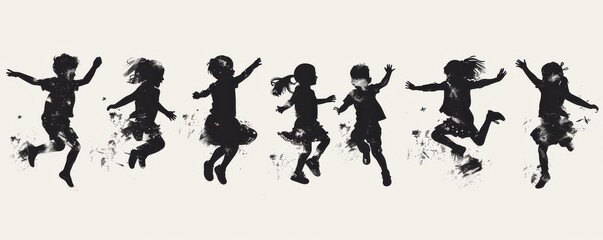 Black and white silhouettes of children jumping and playing in the grass, symbolizing childhood joy and freedom.