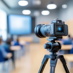 A professional camera on a tripod, capturing a presentation in a modern conference room with blurred audience in the background.