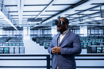 Poster - engineer in data center implementing backup solutions to protect against data loss using vr headset,