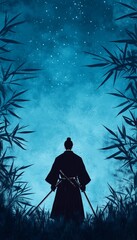 Wall Mural - A silhouetted figure in a traditional outfit stands under a starry night sky.