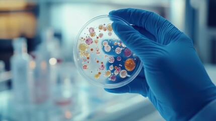 Poster - A scientist examines vibrant microbial cultures in a petri dish while working in a laboratory, showcasing ongoing research and analysis. Generative AI