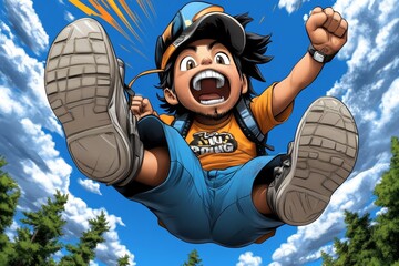 Poster - Pixel art of a character jumping joyfully in a pixelated landscape, with pixelated sunrays and vibrant colors symbolizing the fun and energy of living fully in a retro game world