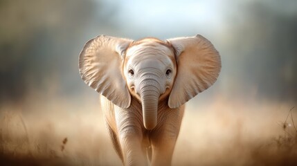 A tender young elephant walks amidst a golden, sunlit grass field, expressing innocence and serenity, capturing the essence of wildlife and freedom effortlessly.