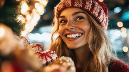 A woman in a knitted winter hat smiles brightly next to festive lights, embodying the joy and warmth of the holiday season as colorful bokeh surrounds her.