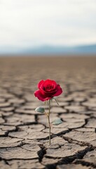 Wall Mural - A solitary red rose blooms in a cracked, dry landscape, symbolizing resilience.