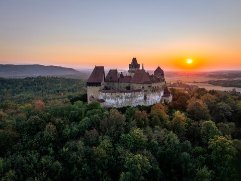 Castle Kreuzenstein in Austria at Sunset - Aerial Drone View