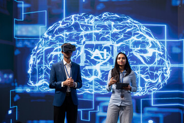 Poster - Portrait of specialists doing virtual reality demonstration at AI convention gathering tech startups. Engineers at summit event showing how to use VR goggles and artificial intelligence technology