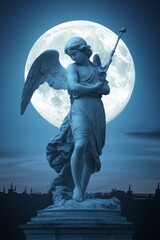 Canvas Print - A statue of an angel with wings, holding a staff against a full moon backdrop.