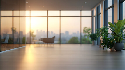 Aufkleber - Beautiful blurred background of a light modern office interior with panoramic windows and beautiful lighting 