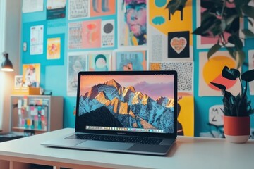Leinwandbilder - The laptop is open, showcasing a scenic mountain background, surrounded by bright decor and indoor plants on a tidy table. Generative AI