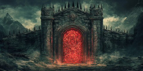 Intricately detailed dark fantasy gate with sharp iron spikes and ancient runes, radiating an ominous red glow, standing against a shadowy landscape, perfect for dark fantasy worlds