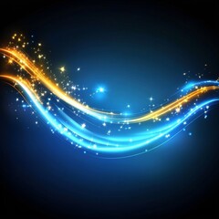 Wall Mural - abstract, blue and gold wavy lines with sparkling particles and a light effect on dark background