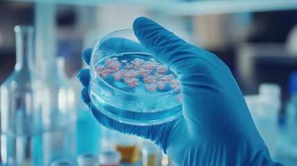 Aufkleber - A scientist in blue gloves inspects a petri dish filled with bacterial cultures under bright laboratory lights, focusing on research progress. Generative AI
