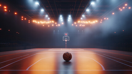 Leinwandbilder - A basketball court with a ball in motion and stadium lights 