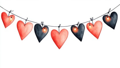 Sticker - A string of decorative hearts in red and black with lights.